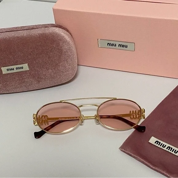 Miu Miu Pink Lens Gold Frame Oval Sunglasses - Picture 4 of 6